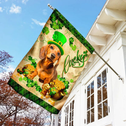 Yellow Dachshund House Flag - St Patrick's Day Garden Flag - Outdoor St Patrick's Day Decor