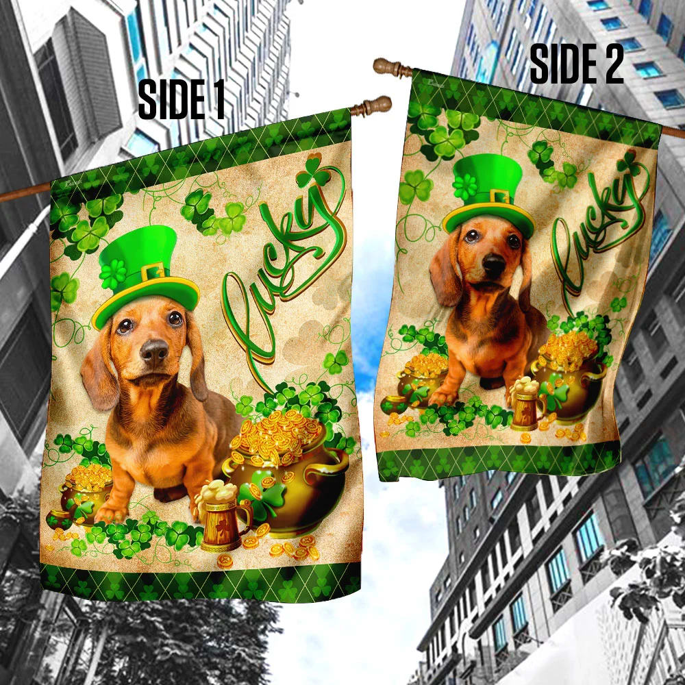 Yellow Dachshund House Flag - St Patrick's Day Garden Flag - Outdoor St Patrick's Day Decor