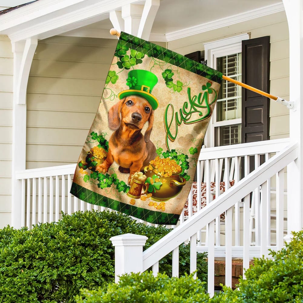 Yellow Dachshund House Flag - St Patrick's Day Garden Flag - Outdoor St Patrick's Day Decor