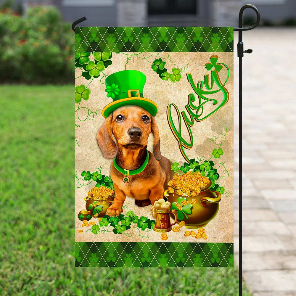 Yellow Dachshund House Flag - St Patrick's Day Garden Flag - Outdoor St Patrick's Day Decor