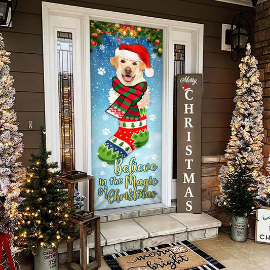 Yellow Lab In Sock Door Cover Believe In The Magic Of Christmas Labrador Retriever - Christmas Outdoor Decoration