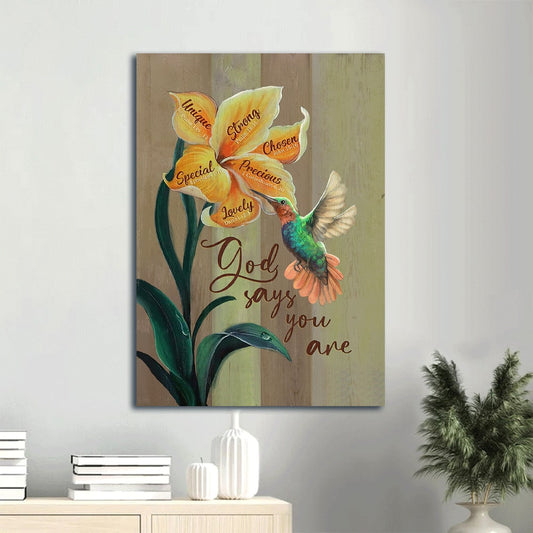 Yellow Lily Colorful Hummingbird God Says You Are Unique Canvas Wall Art - Christian Gift