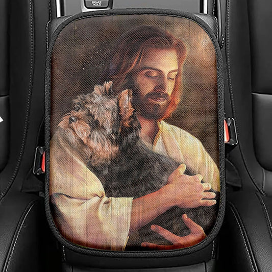 Yorkshire Terrier Dog In His Arms Jesus Seat Box Cover, Christian Car Center Console Cover, Gift For Dog Lover