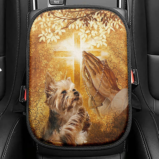 Yorkshire Terrier Dog Jesus Praying Hand Light Cross Seat Box Cover, Christian Car Center Console Cover, Gift For Dog Lover