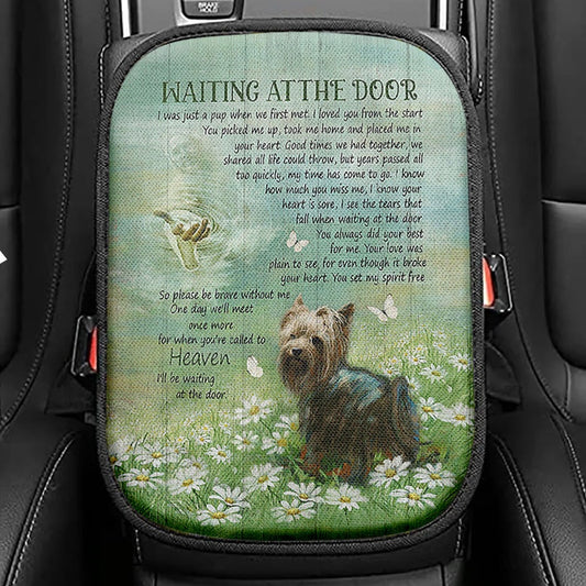 Yorkshire Terrier Dog Waiting At The Door Seat Box Cover, Jesus Christ Hand Daisy Field Car Center Console Cover, Christian Car Interior Accessories