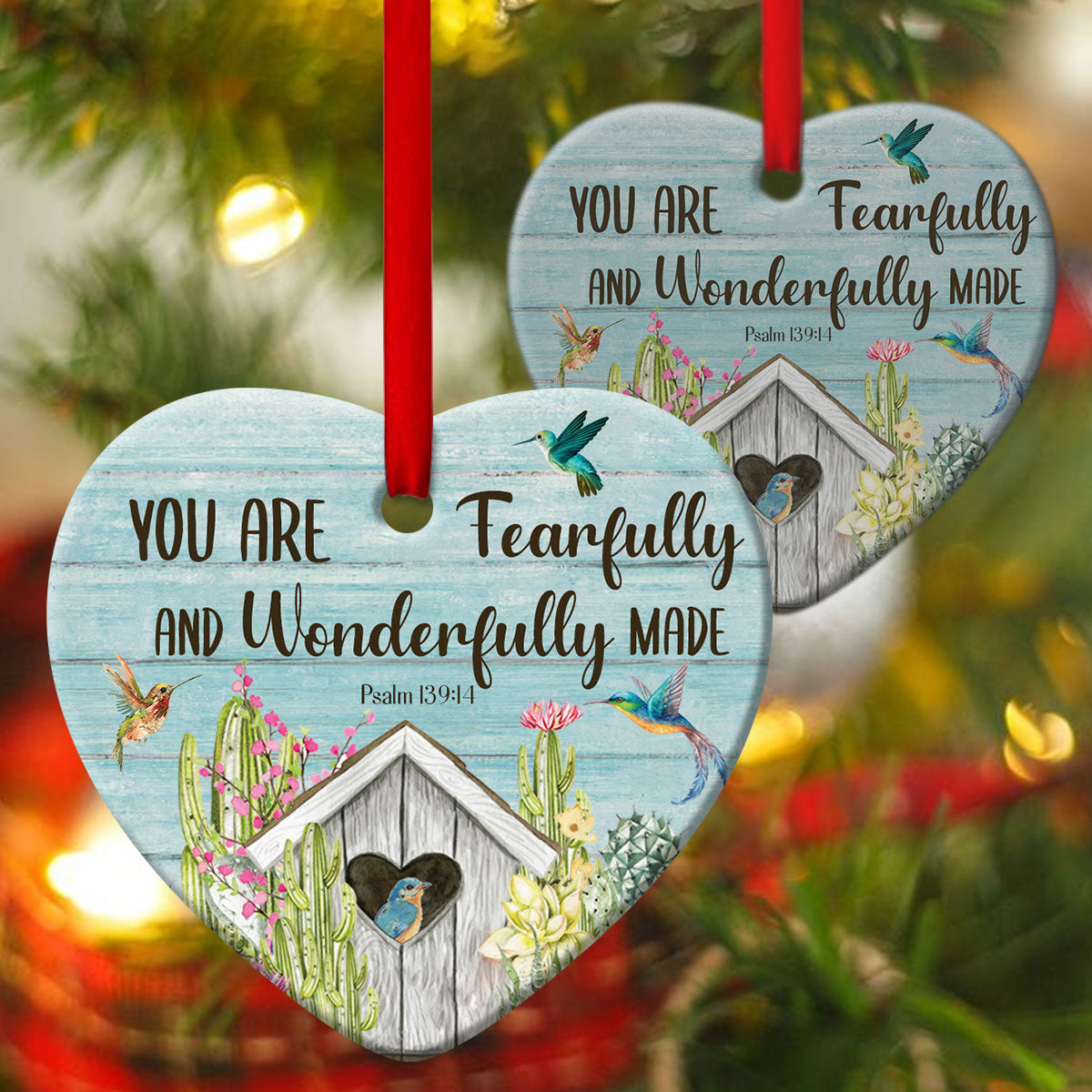 You Are Fearfully And Wonderfully Made - Humming Bird Ceramic Heart Ornament - Ornaments Hanging Gift