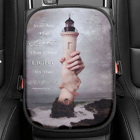 You Are The Light Lighthouse Hand of God Seat Box Cover, Christian Car Center Console Cover, Inspirational Gift For Christian Women