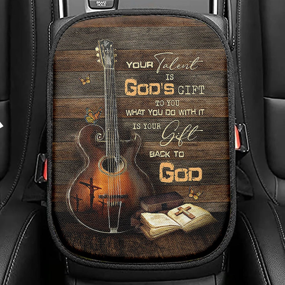 Your Talent Is God's Gift To You Guitar Bible Butterfly Seat Box Cover, Christian Car Center Console Cover, Bible Verse Car Interior Accessories