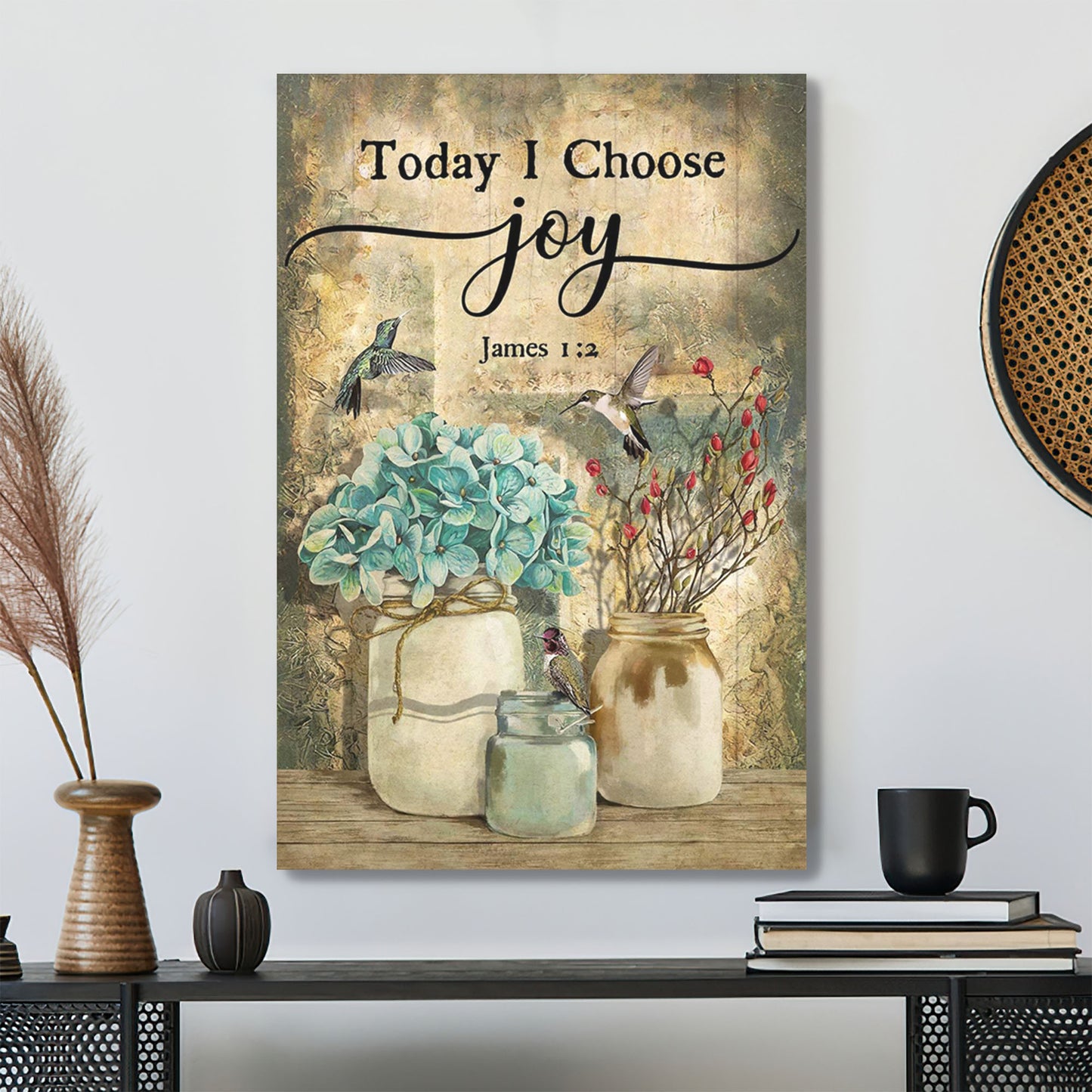 Humming Bird And Flower Jars - Today I Choose Joy - Bible Verse Canvas - Scripture Canvas Wall Art - Ciaocustom