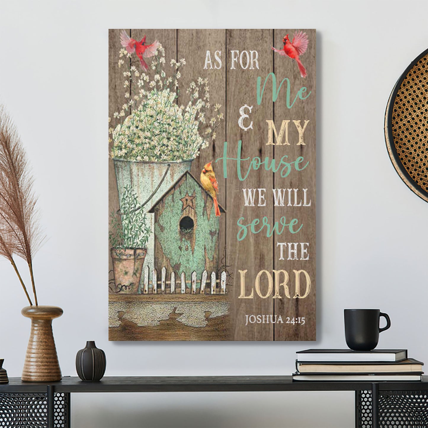 Cardinal And Farmhouse - As For Me And My House We Will Serve The Lord - Bible Verse Canvas Wall Art - Scripture Canvas - Ciaocustom