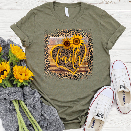 Faith Leopard Sunflower T Shirts For Women - Women's Christian T Shirts - Women's Religious Shirts
