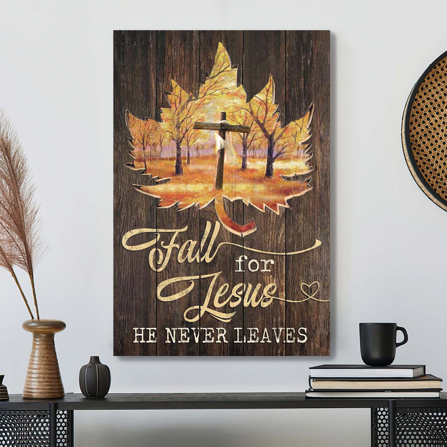 Maple And Cross - Fall For Jesus Canvas Wall Art - Bible Verse Canvas - Scripture Canvas Wall Art - Ciaocustom