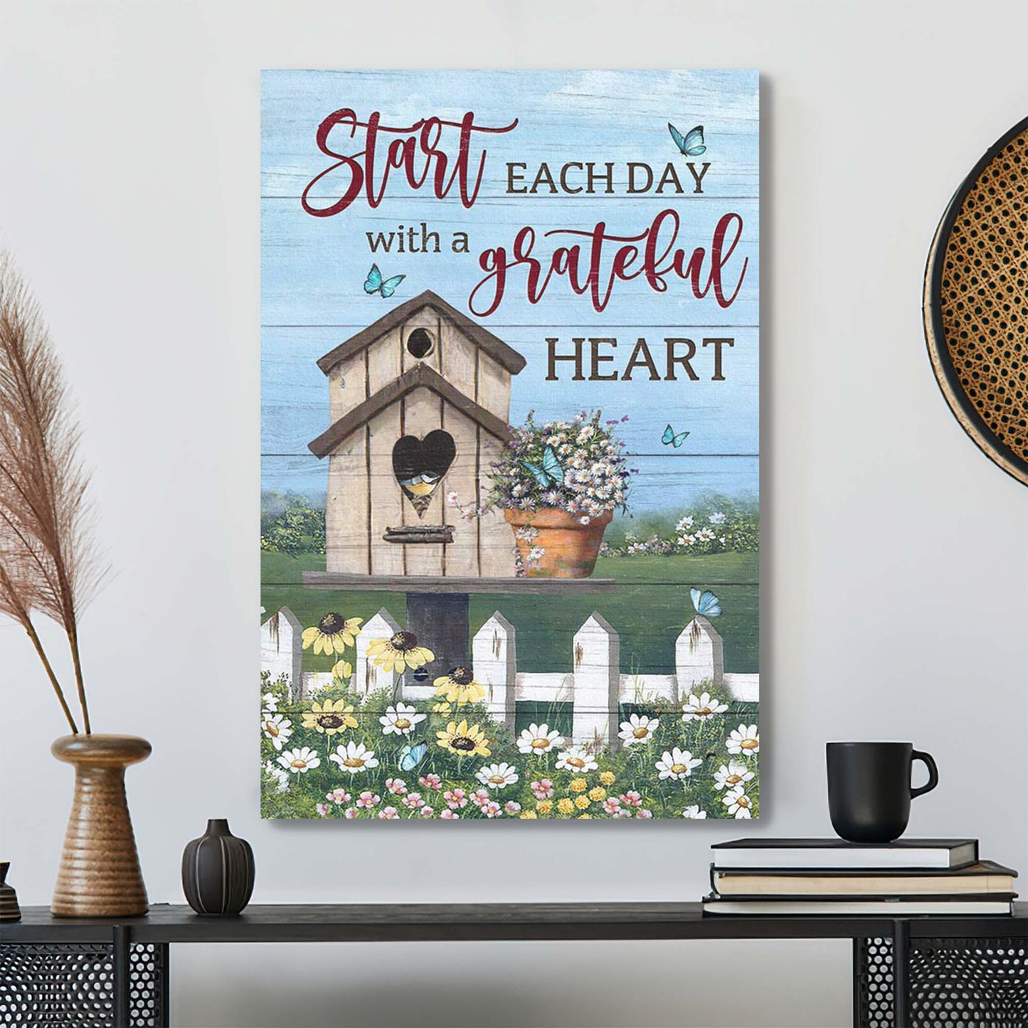 Bird House - Start Each Day With A Grateful Heart - Bible Verse Canvas - Scripture Canvas Wall Art - Ciaocustom