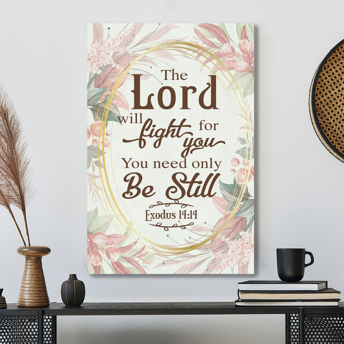 Bible Verse Canvas - Floral Exodus 1414 The Lord Will Fight For You Wall Art - Scripture Canvas Wall Art - Ciaocustom