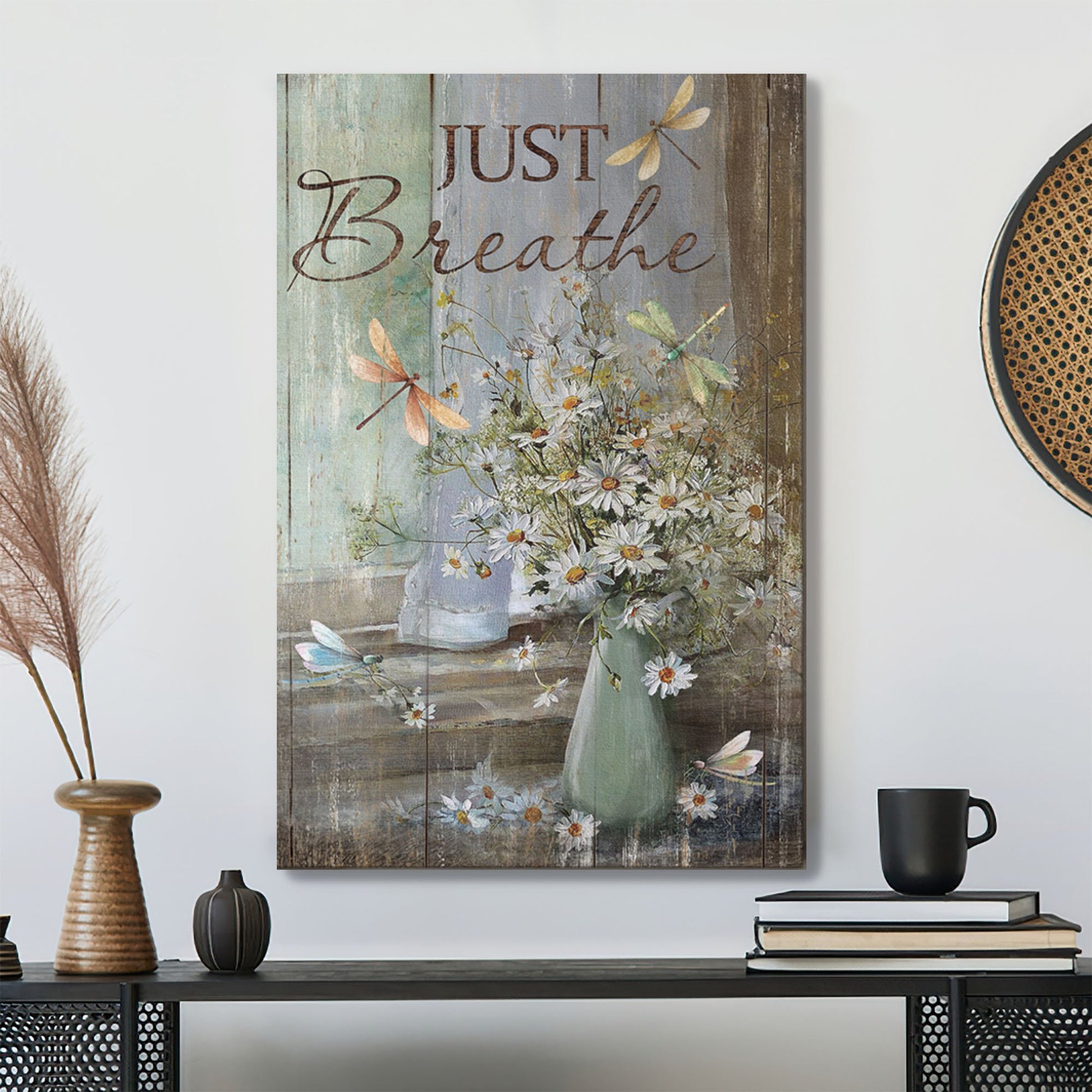 Just Breathe Canvas Wall Art - Vintage Daisy Vase With Dragonfly Painting - Ciaocustom