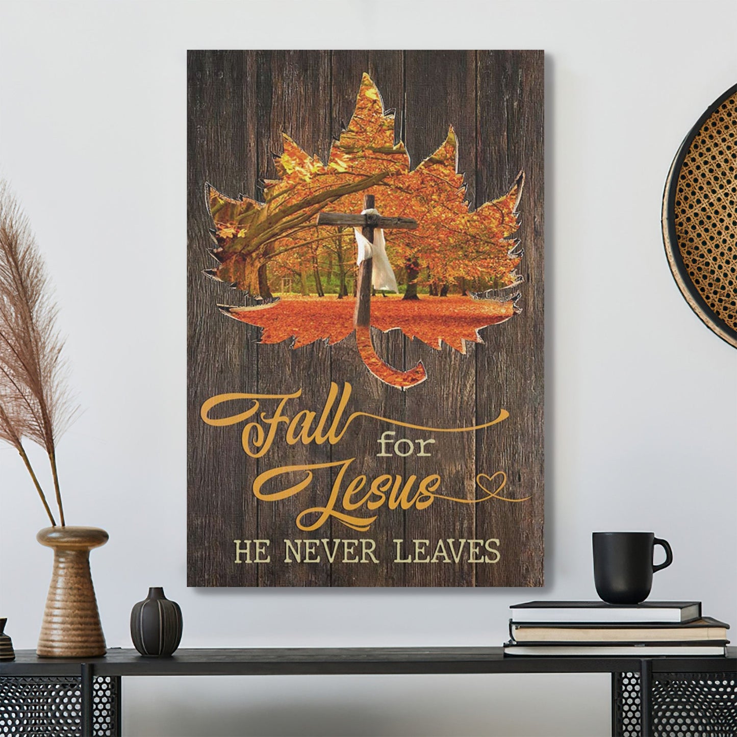 Bible Verse Canvas - Fall For Jesus He Never Leaves Cross Autumn Leaves - Scripture Canvas Wall Art - Ciaocustom