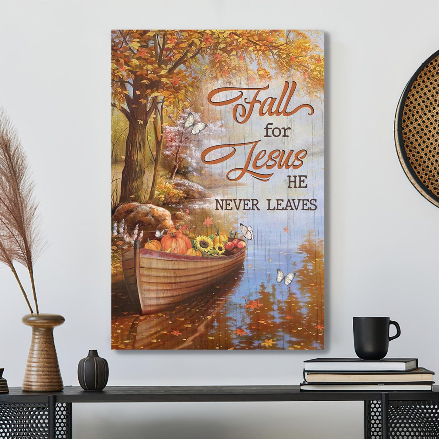 Pumpkin Boat - Fall For Jesus He Never Leaves Canvas Wall Art - Bible Verse Canvas - Scripture Canvas Wall Art - Ciaocustom