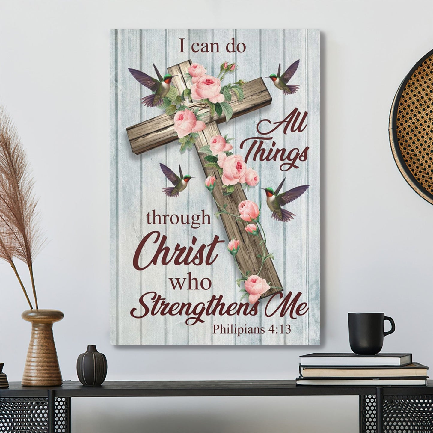 Bible Verse Canvas - Philippians 413 With Flower Cross Canvas Wall Art - Scripture Canvas Wall Art - Ciaocustom