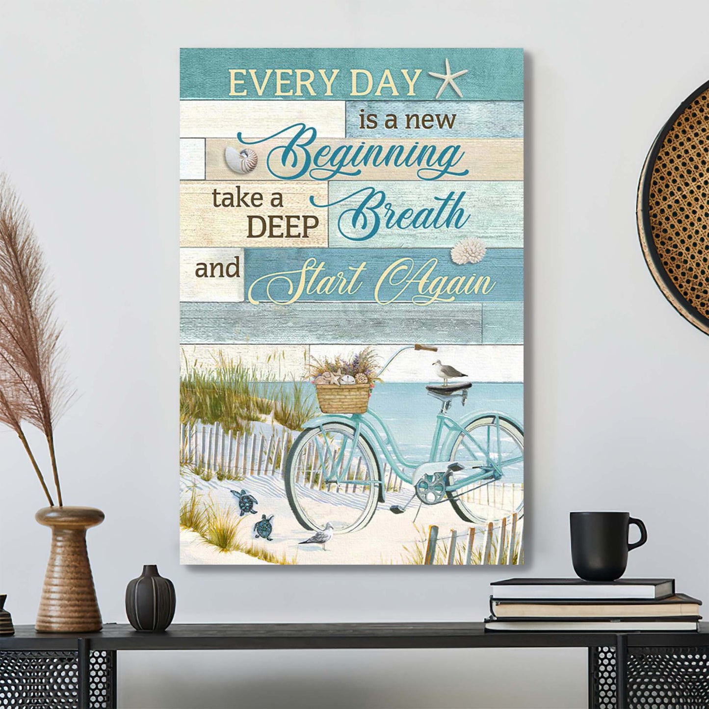 Bicycle With The Beach - Every Day Is A New Beginning Canvas Wall Art - Bible Verse Canvas - Scripture Canvas Wall Art - Ciaocustom