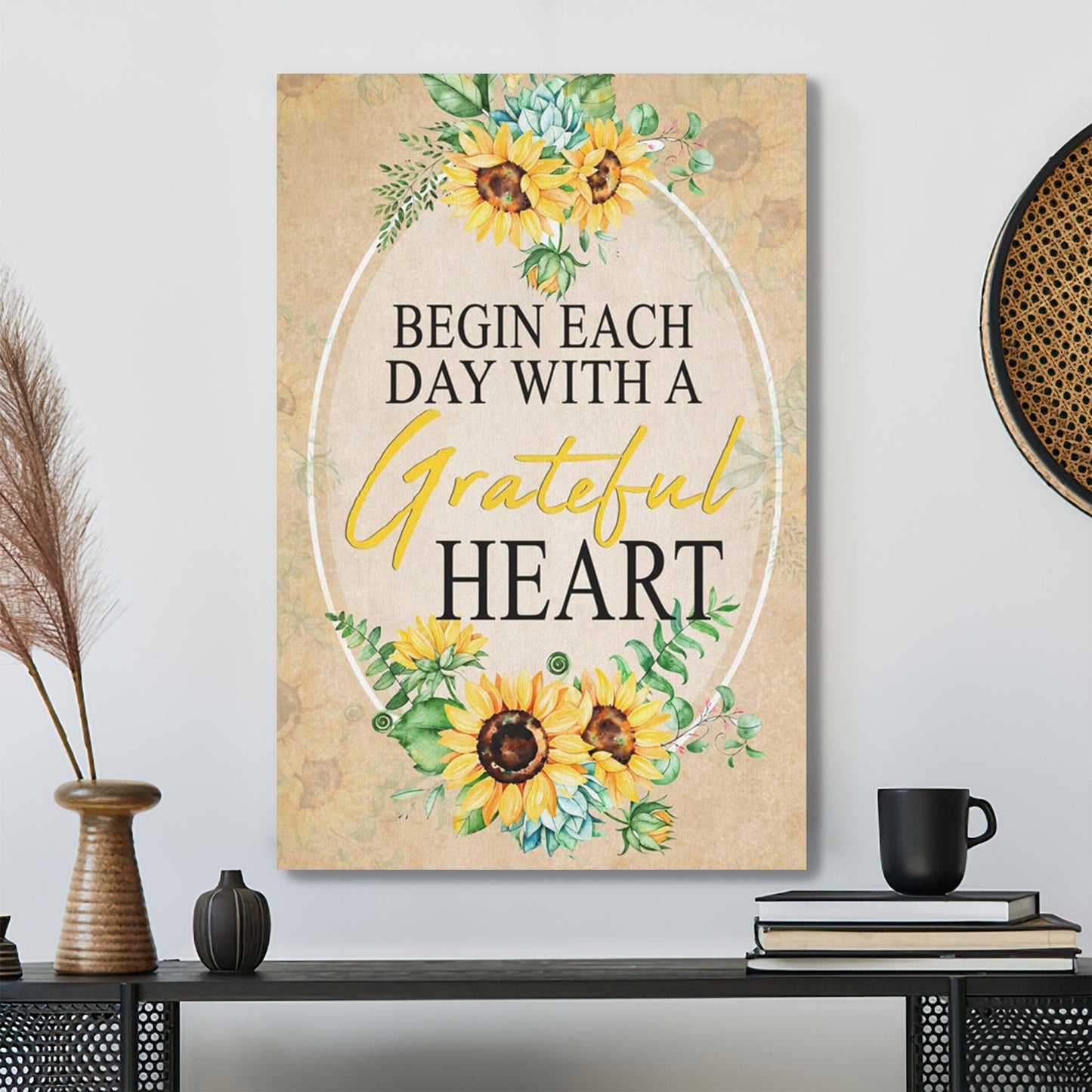 Bible Verse Canvas - Begin Each Day With A Grateful Heart Sunflower Canvas Print - Scripture Canvas Wall Art - Ciaocustom