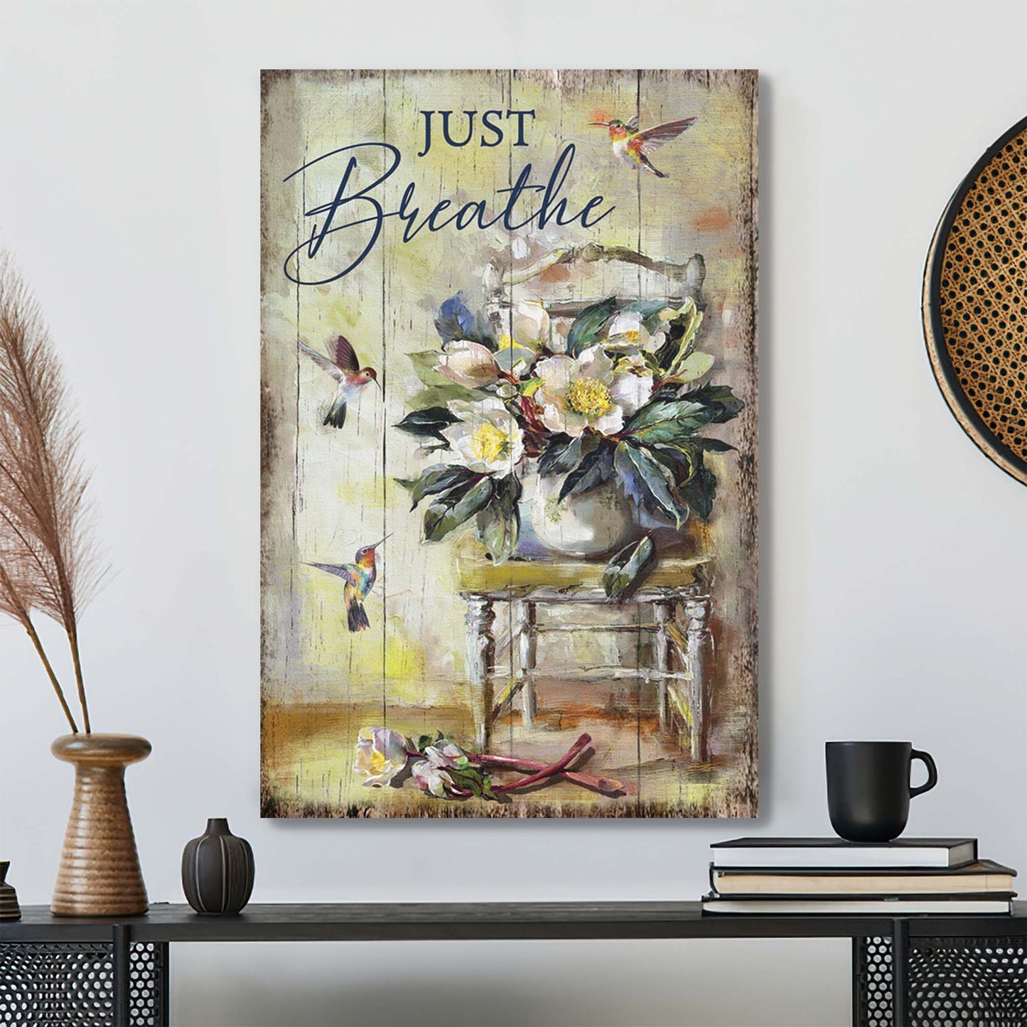 Flower Vase With Hummingbird - Just Breathe Canvas Wall Art - Bible Verse Canvas - Scripture Canvas Wall Art - Ciaocustom