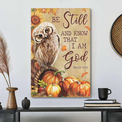 Bible Verse Canvas - Owl With Pumpkins - Be Still And Know That I Am God Canvas Wall Art - Ciaocustom