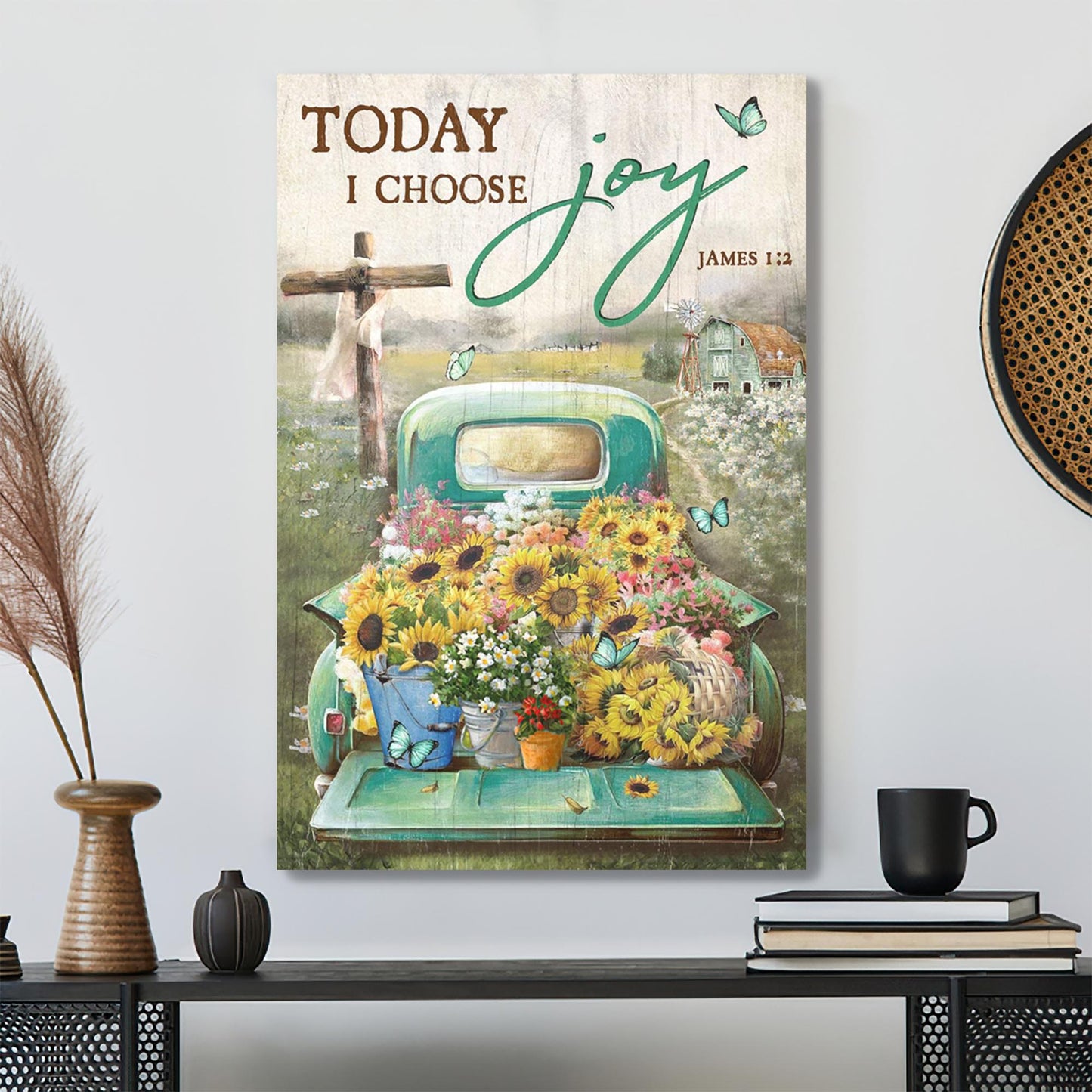 Sunflower Truck - Today I Choose Joy Canvas Wall Art - Bible Verse Canvas - Scripture Canvas Wall Art - Ciaocustom