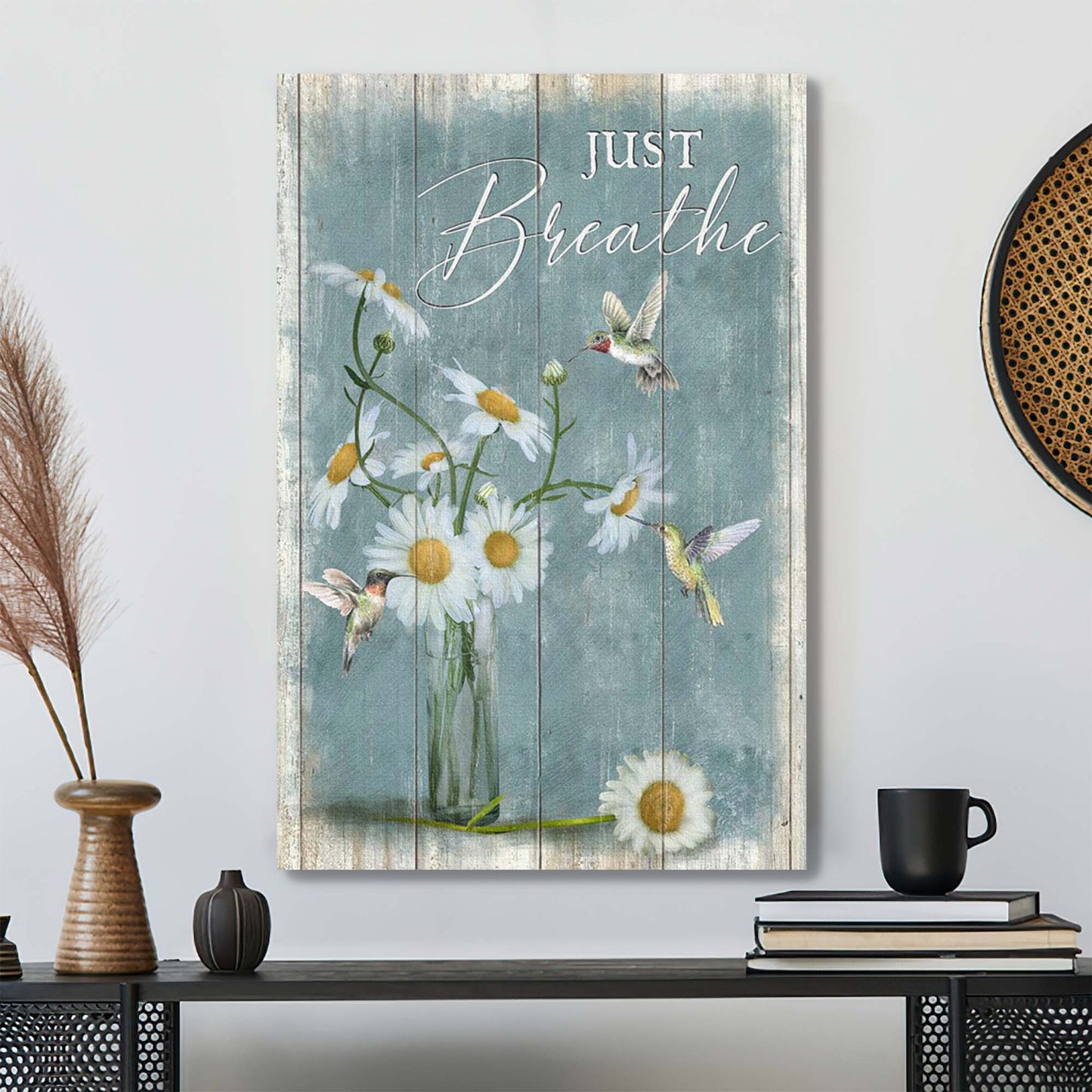 Daisy With Hummingbird - Just Breathe Canvas Wall Art - Bible Verse Canvas - Scripture Canvas Wall Art - Ciaocustom