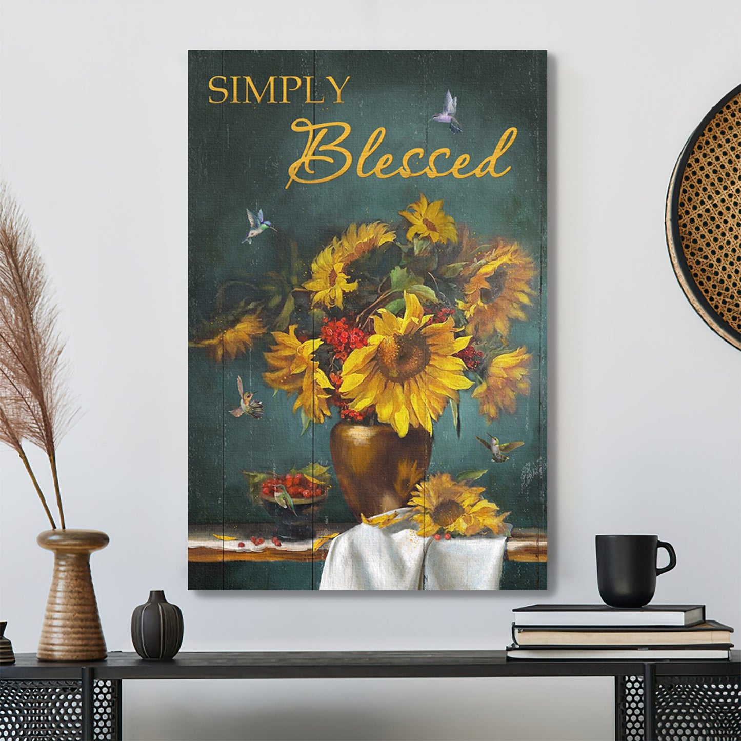 Sunflower Vase With Hummingbird - Simple Blessed - Bible Verse Canvas - Scripture Canvas Wall Art - Ciaocustom