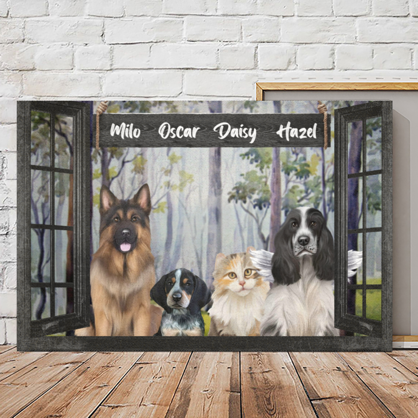 Ciaocustom Poster/Framed Canvas/Unframed Canvas, Custom Dog & Cat Breeds/Name/Background/Text, Pets Through The Window, Choose up to 4 Pets