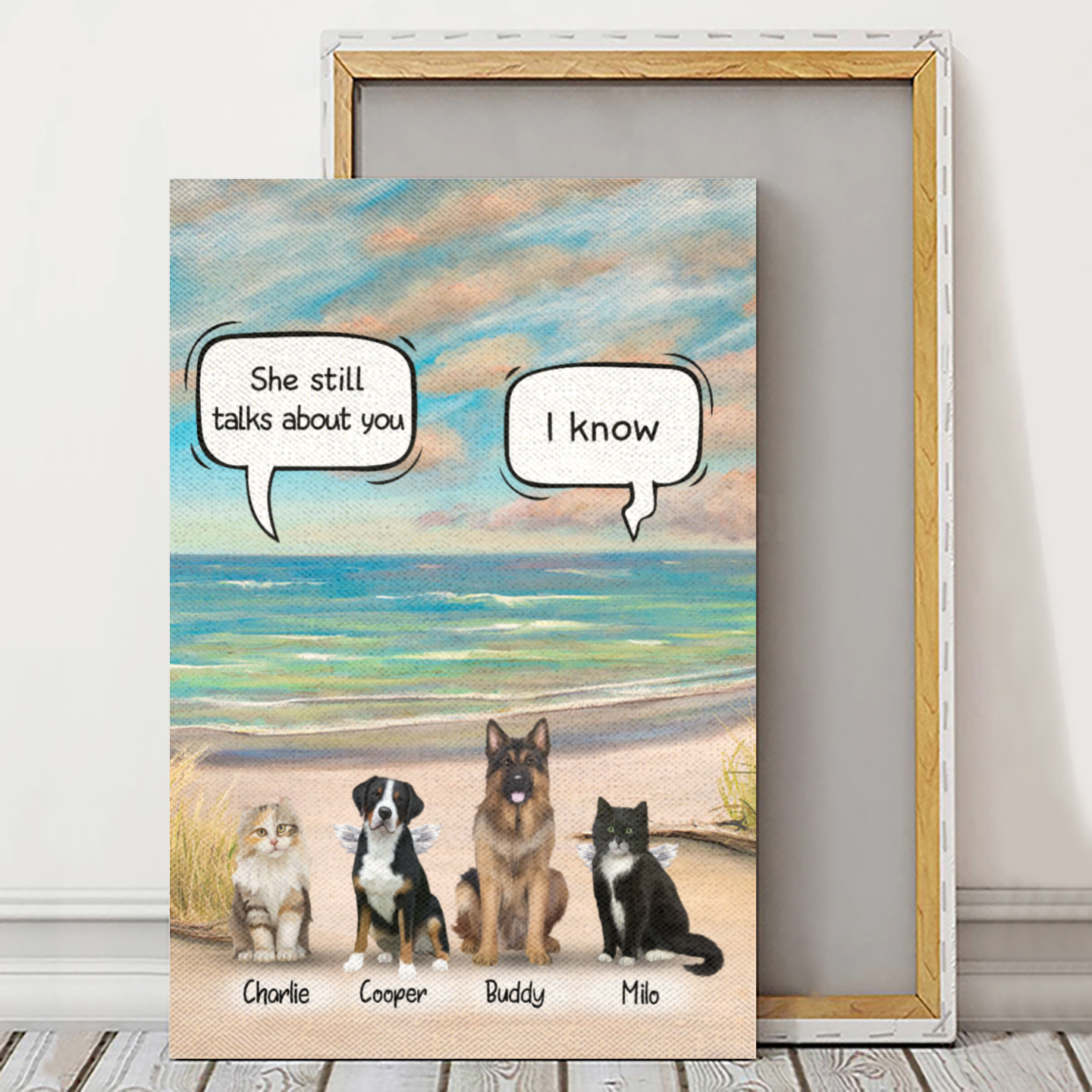 Ciaocustom Poster/Framed Canvas/Unframed Canvas, Custom Dog & Cat Breeds/Name/Background/Text, Dog & Cat Talking On The Beach
