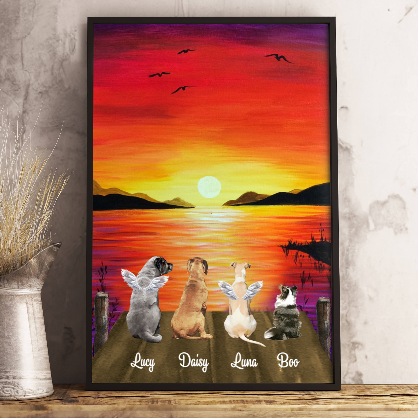 Ciaocustom Poster/Framed Canvas/Unframed Canvas, Custom Dog Breeds/Name/Background/Text, Gifts For Dog Lovers, Dogs See The Sunset