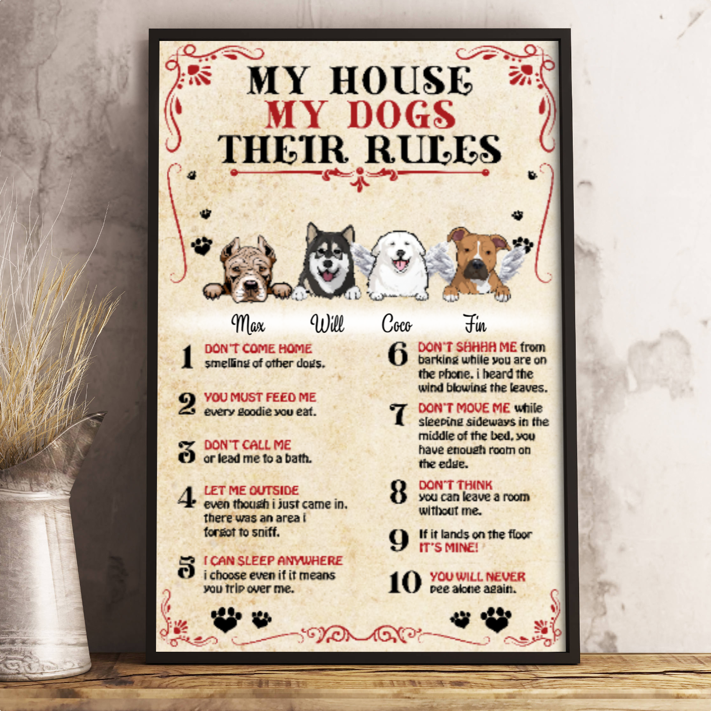 Ciaocustom Poster/Framed Canvas/Unframed Canvas, Custom Dog Breeds/Name/Background/Text, My house my dogs their rules - Choose up to 4 Dogs