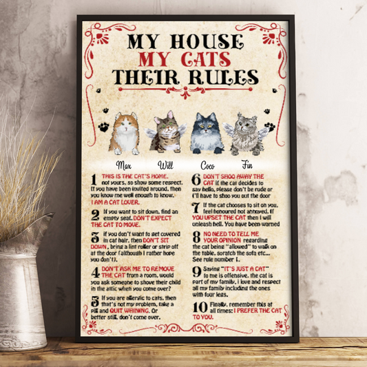 Ciaocustom Poster/Framed Canvas/Unframed Canvas, Custom Cat Breeds/Name/Background/Text, My house my cats their rules - Choose up to 4 Cats