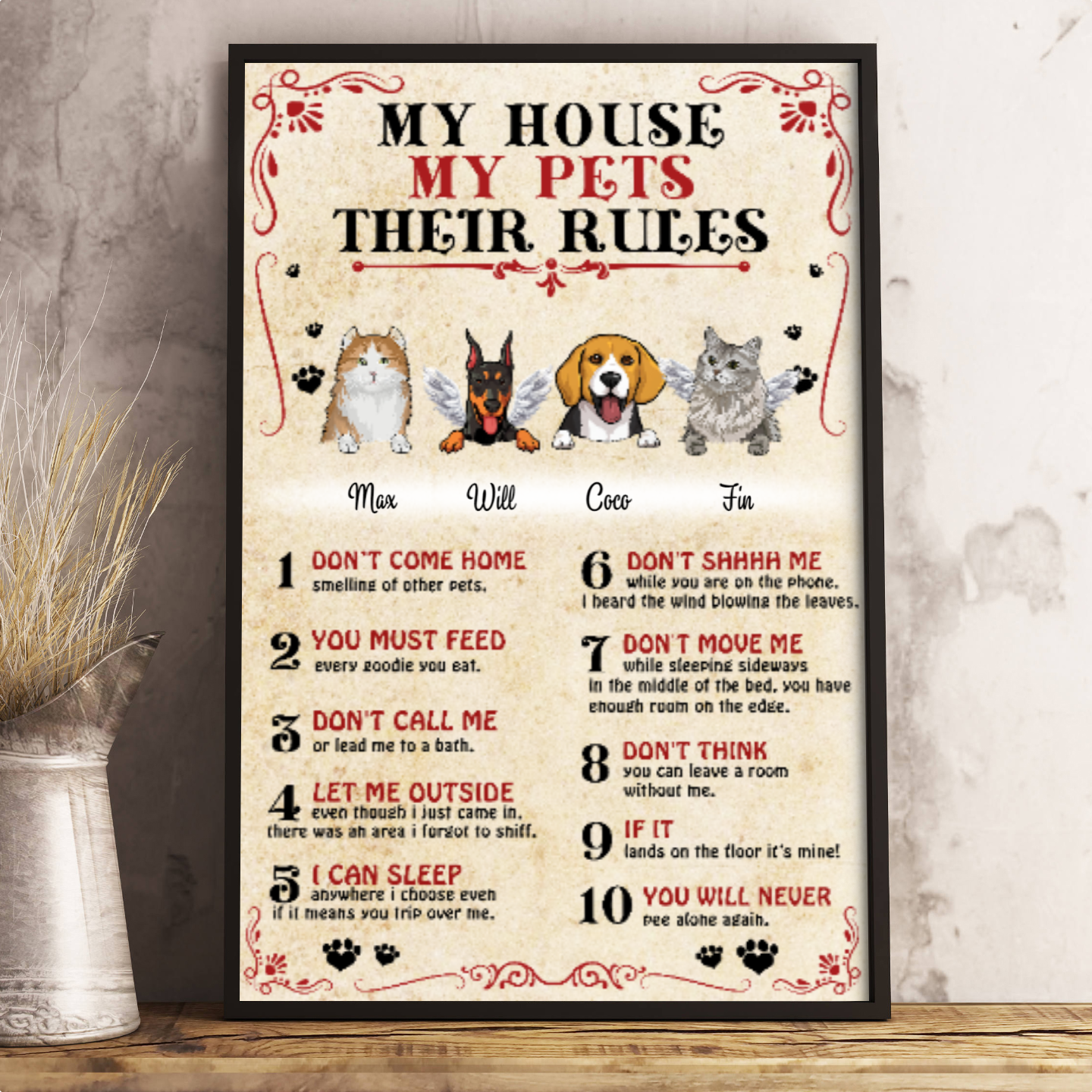 Ciaocustom Poster/Framed Canvas/Unframed Canvas, Custom Dog Cat Breeds/Name/Background/Text, My house my pets their rules - Choose up to 4 Dogs/Cats