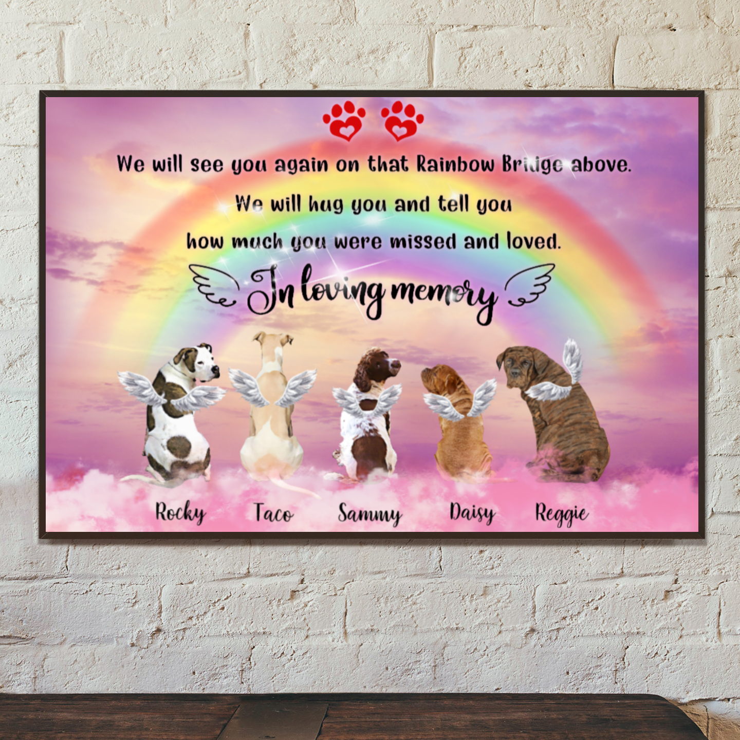 Ciaocustom Poster/Framed Canvas/Unframed Canvas, Custom Dog Breeds/Name/Background/Text, We will see you again on that Rainbow Bridge above