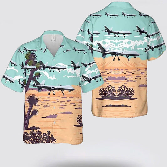 Aircraft Mq-9 Reaper Blue Mint And Brown Hawaiian Shirt - Beachwear For Men - Best Hawaiian Shirts