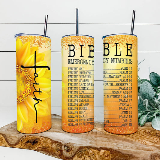 Bible Emergency Numbers - Bible Verse Tumbler - Stainless Steel - 20 oz Skinny Tumbler - Tumbler For Cold Drinks - Ciaocustom