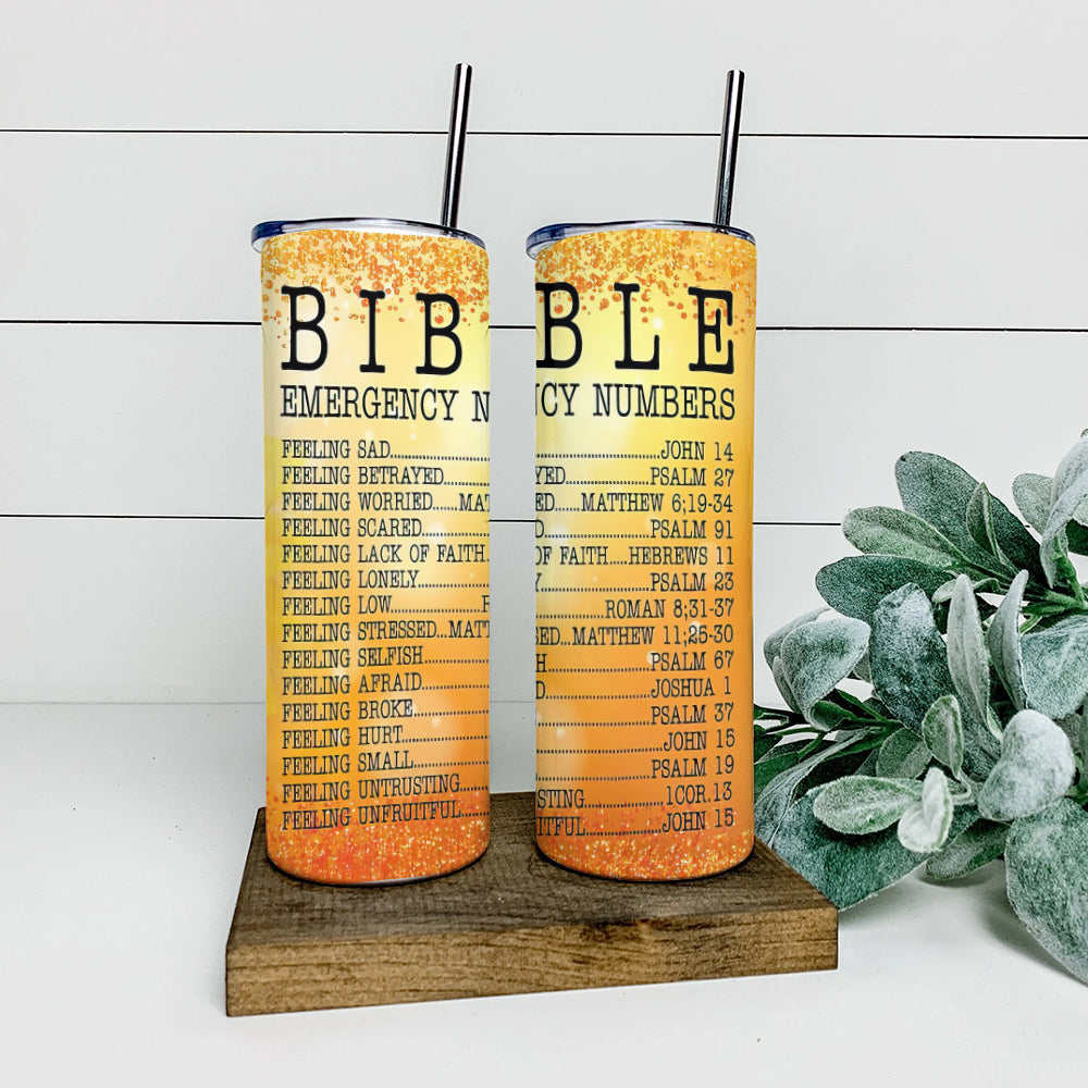 Bible Emergency Numbers - Bible Verse Tumbler - Stainless Steel - 20 oz Skinny Tumbler - Tumbler For Cold Drinks - Ciaocustom