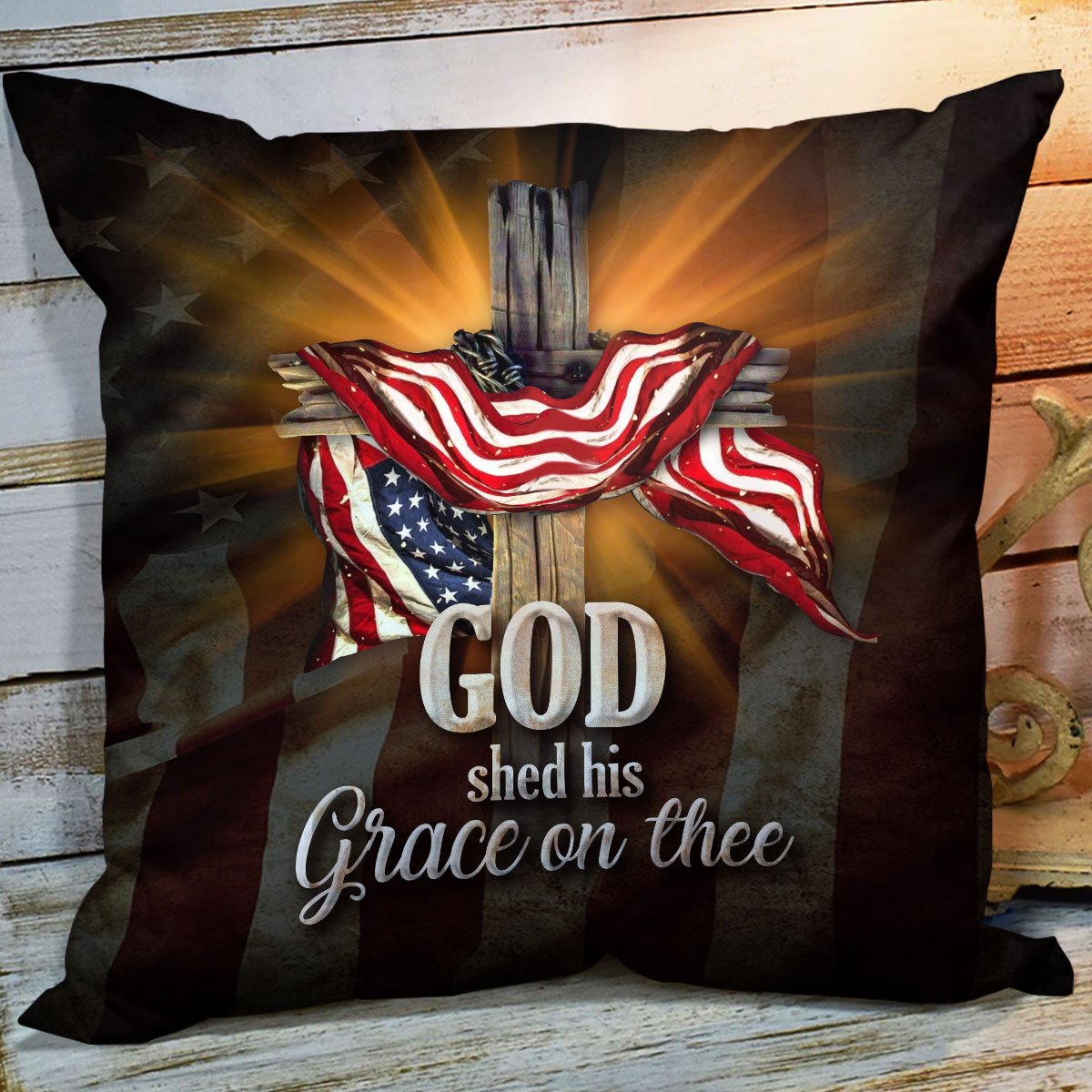 God Shed His Grace On Thee - Unique Cross And American Flag Throw Pillow HO1 - 2